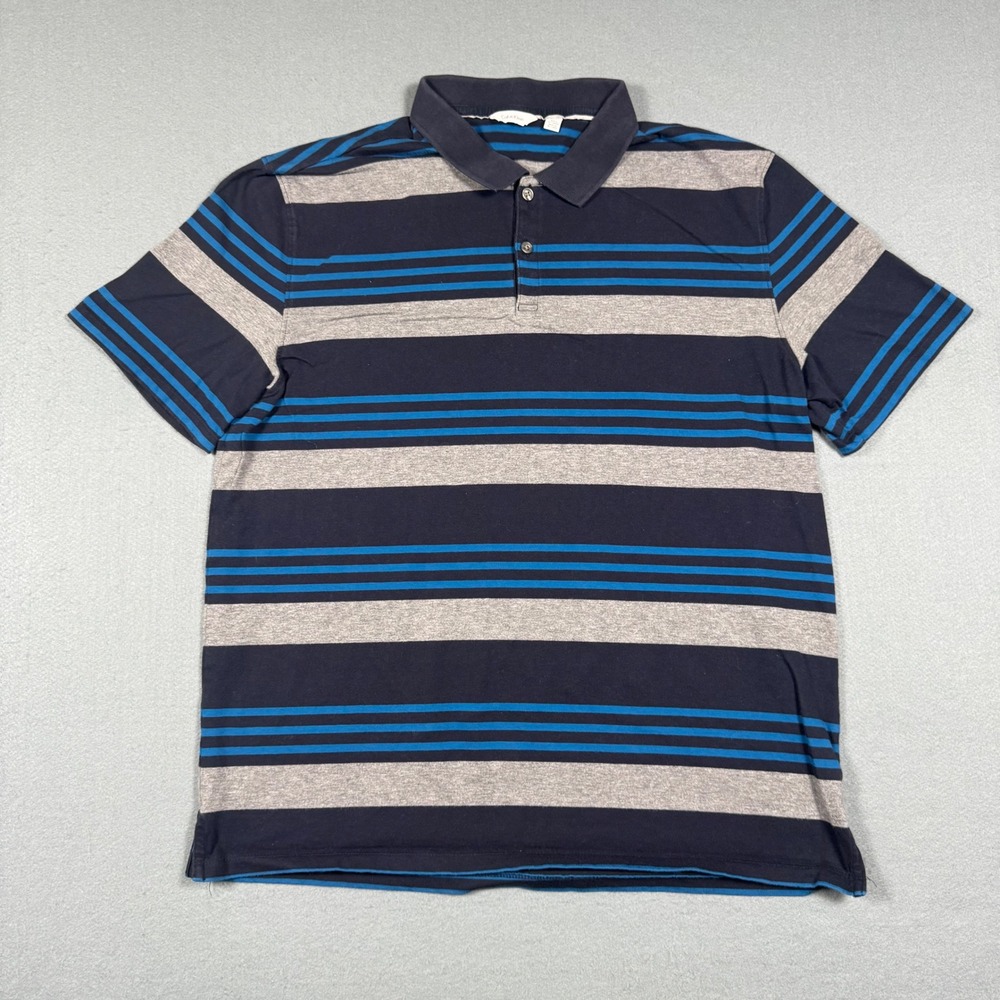 Calvin Klein Mens Large Blue Gray Striped Polo Shirt Short Sleeve Classic Casual